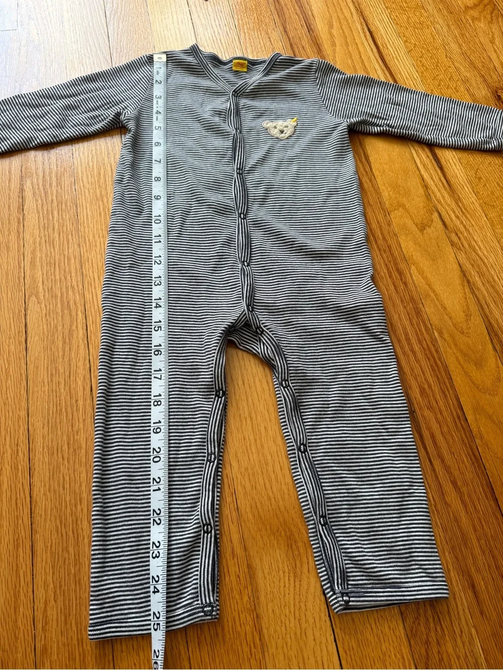 Striped Navy and White Baby One-Piece Romper with Bear Patch